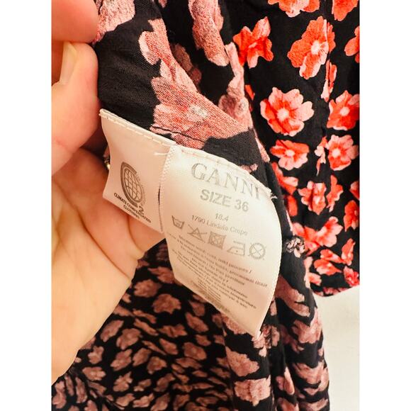 GANNI Red Black Floral Wrap Puff Sleeves V-Neckline Midi Dress size 36 - Picture 13 of 16